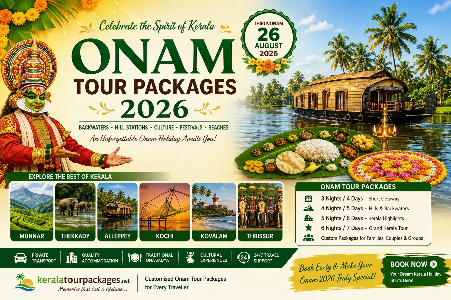 Onam Tour Packages 2026 Kerala with traditional Pookkalam and Onasadya